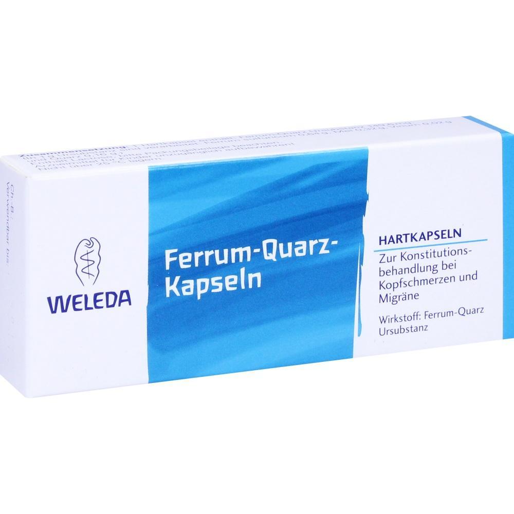 Eine Packung Ferrum-Quarz-Kapseln von Weleda gegen Kopfschmerzen und Migräne.