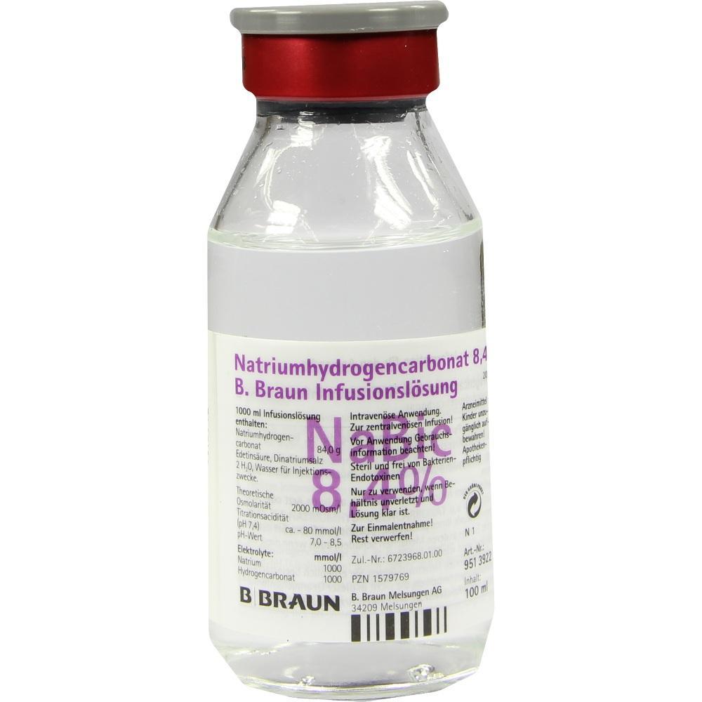 Eine Flasche mit Natriumhydrogencarbonat Infusionsl&ouml;sung von B. Braun.