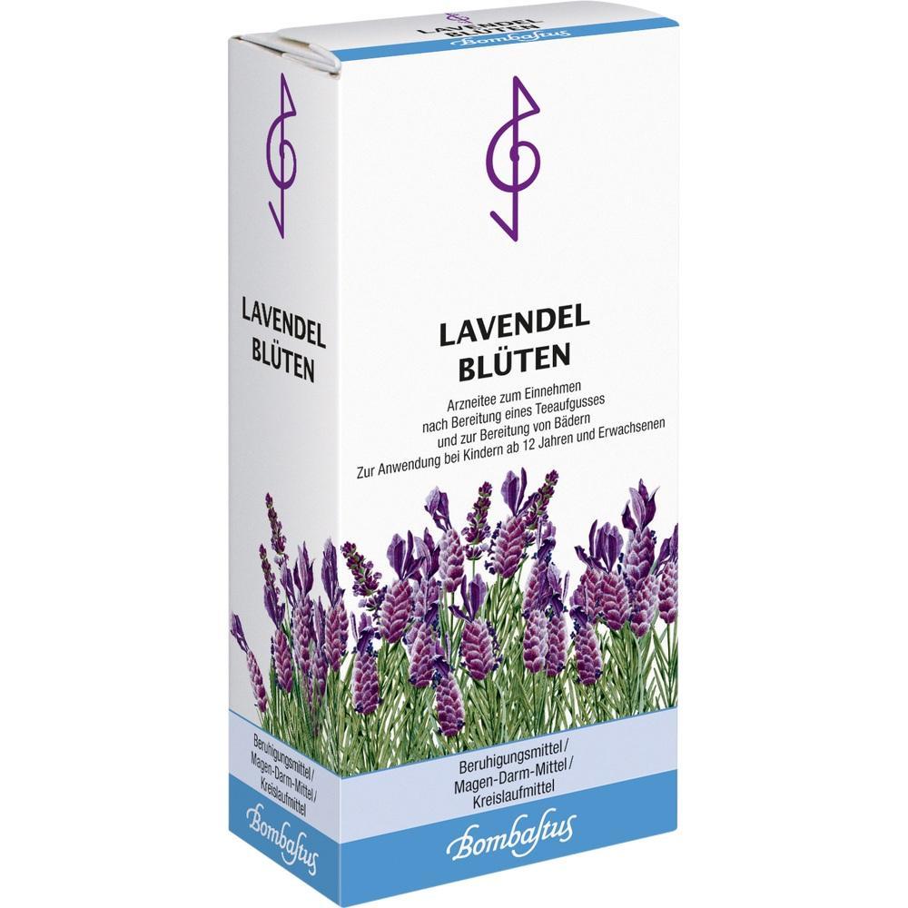 Eine Lavendelblüten-Teepackung mit lila Blütenabbildung.