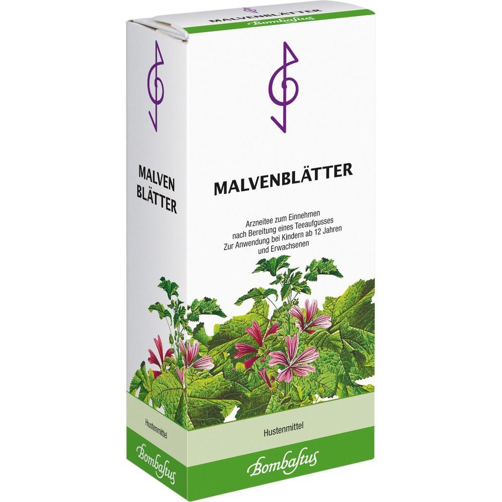 Eine Packung Malvenblätter-Tee gegen Husten mit Pflanzenabbildung.