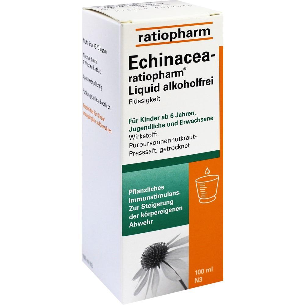 Eine weiße Packung von Echinacea Liquid von ratiopharm ohne Alkohol.