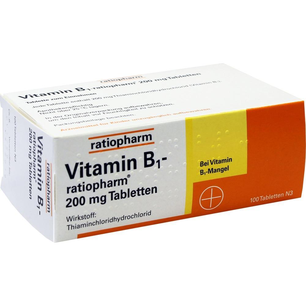 Die Verpackung zeigt Vitamin B1 Tabletten von ratiopharm.