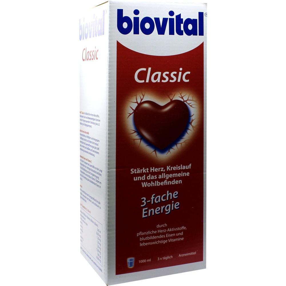 Eine weiße Verpackung mit rotem Herzbild und dem Text "biovital Classic".