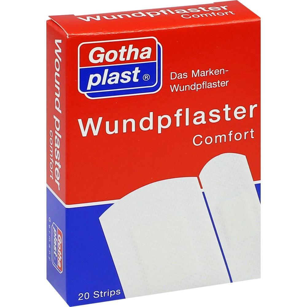 Rote Verpackung mit weißen Wundpflastern und der Aufschrift "Gothaplast Wundpflaster Comfort".