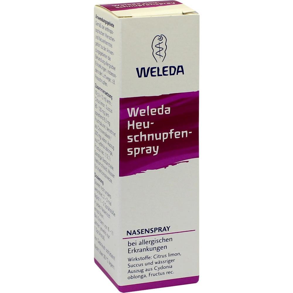 Weiße Verpackung eines Nasensprays gegen Heuschnupfen von Weleda.