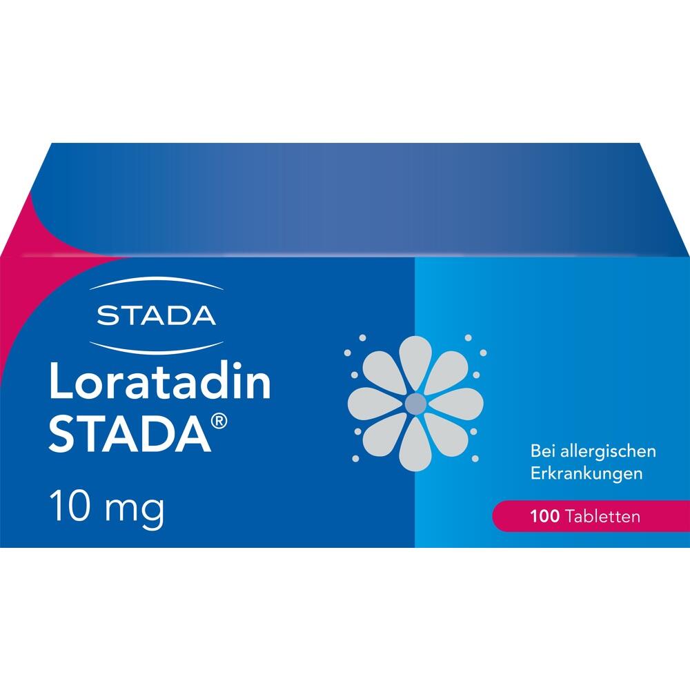 Blaue Medikamentenpackung mit der Aufschrift "Loratadin STADA" für Allergien.