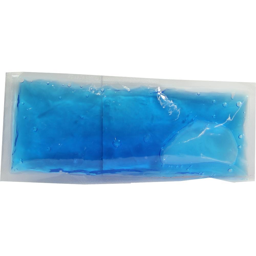 Ein blauer Kühlakku in einer durchsichtigen Plastikverpackung.
