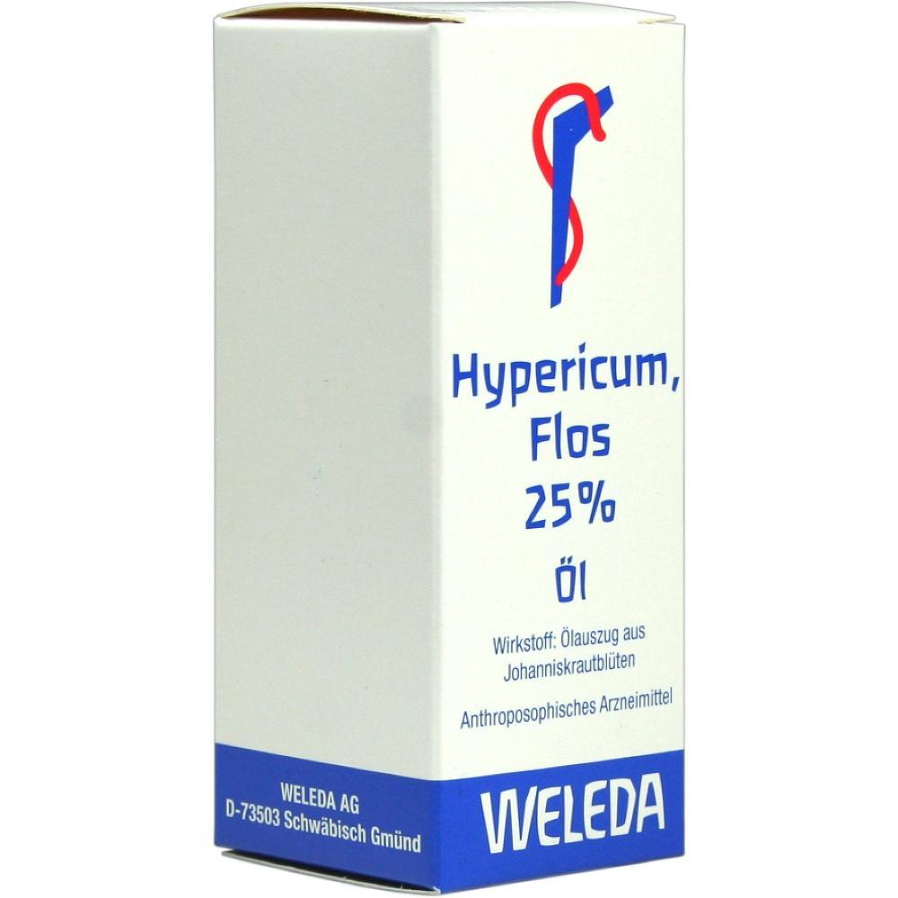 Weiße Verpackung mit der Aufschrift "Hypericum, Flos 25% Öl" von Weleda.