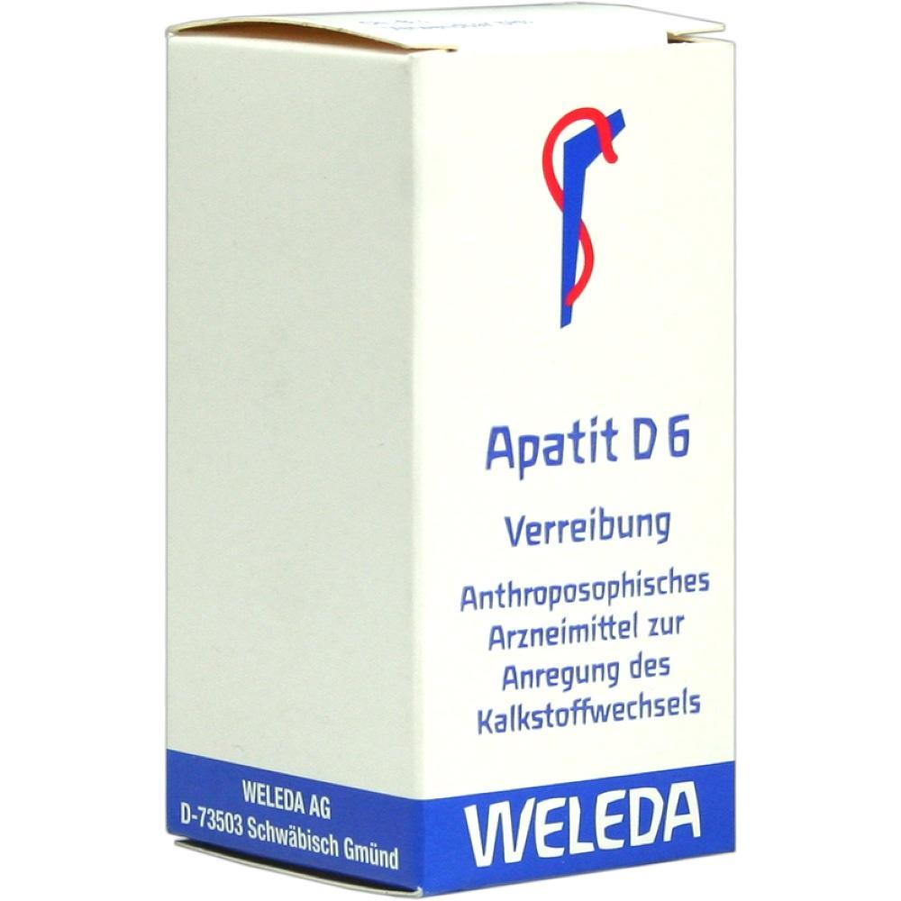 Weiße Verpackung von Weleda mit blauem und rotem Logo, Aufschrift "Apatit D6".