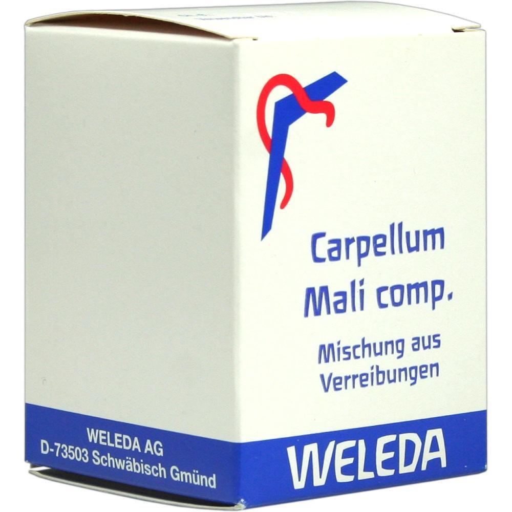 Weiße Verpackung mit blauem und rotem Design und dem Text "Carpellum Mali comp.".