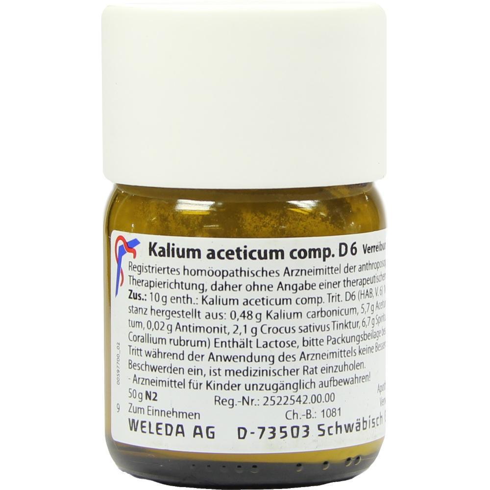 Kleines Medizinfläschchen mit dem Etikett "Kalium aceticum comp. D6".