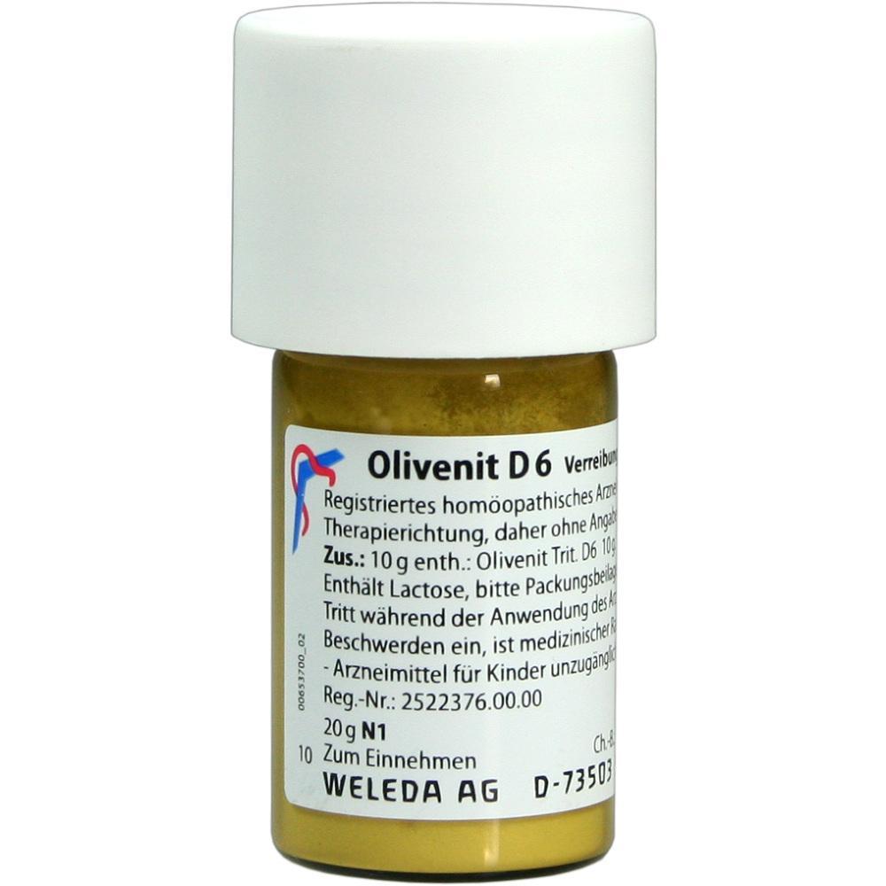 Flasche mit homöopathischem Mittel namens Olivenit D6 von Weleda.