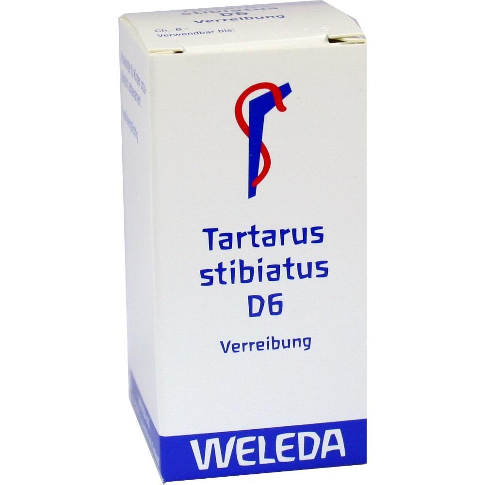 Eine weiße Medikamentenpackung von Weleda mit der Aufschrift Tartarus stibiatus D6.