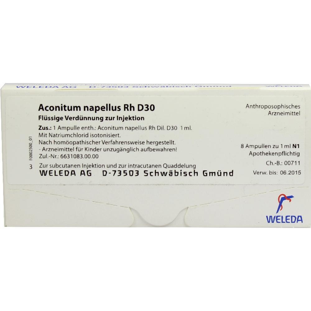 Auf der Verpackung steht "Aconitum napellus Rh D30", ein verdünntes Injektionsmittel.