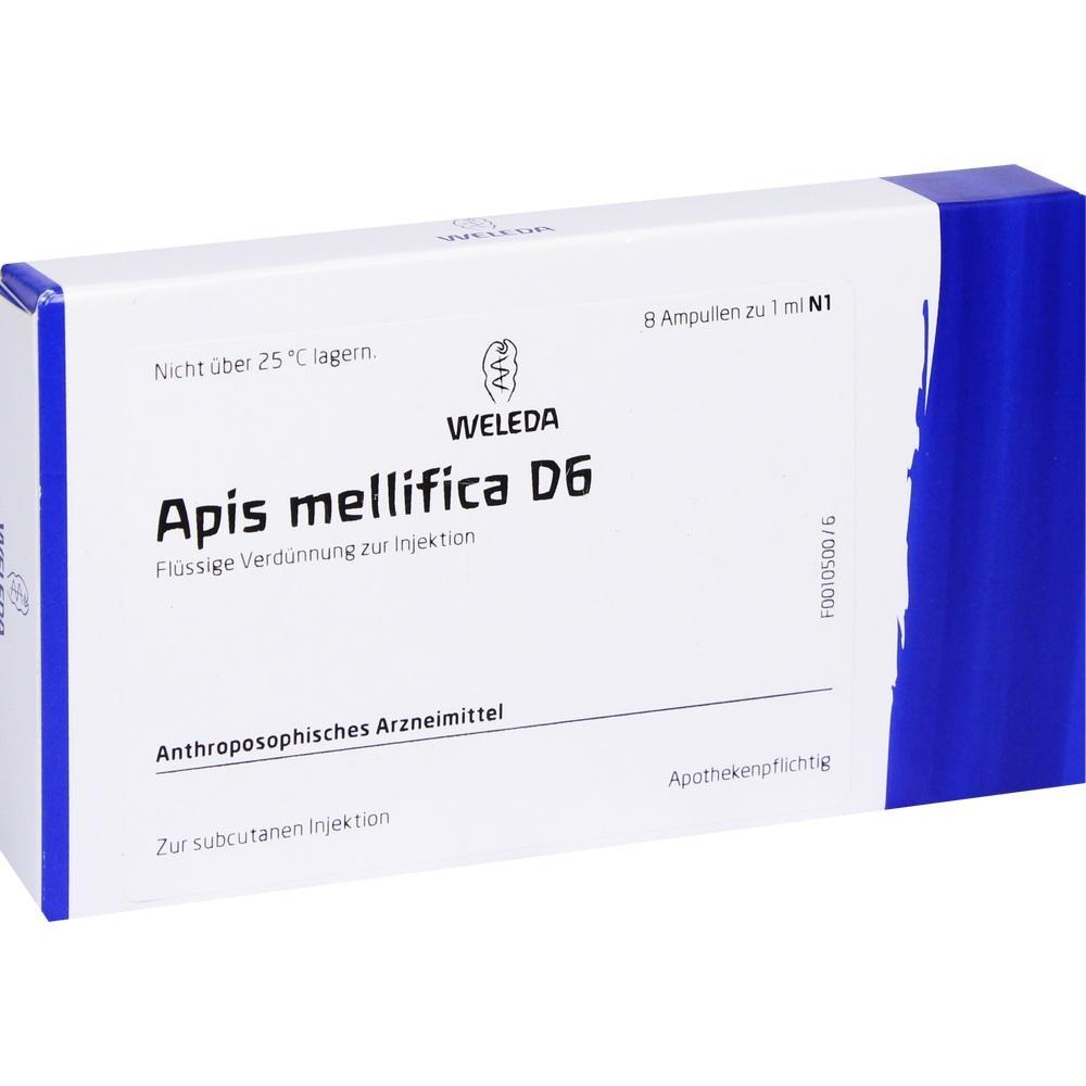 Weiße Medikamentenverpackung mit der Aufschrift "Apis mellifica D6" und blauer Seitenrand.
