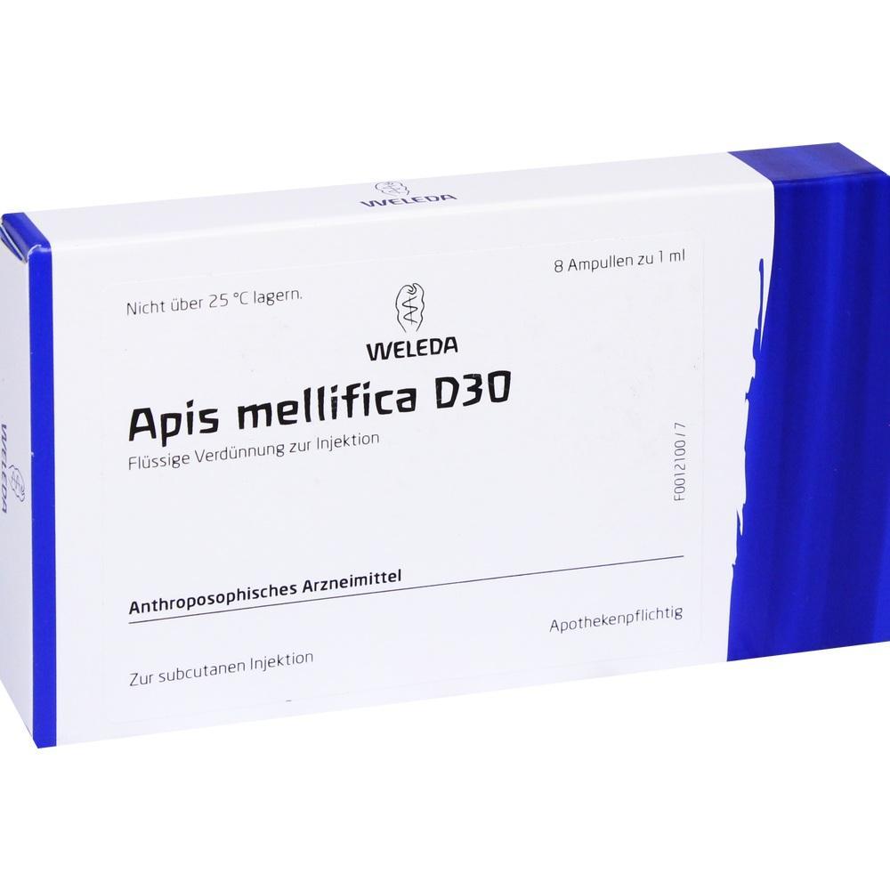 Eine weiße Medikamentenverpackung mit der Aufschrift "Apis mellifica D30".