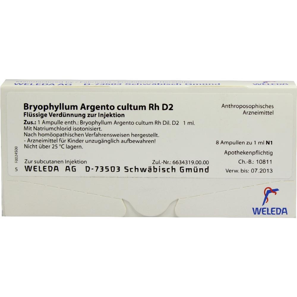 Weiße Verpackung mit der Aufschrift "Bryophyllum Argento cultum Rh D2".