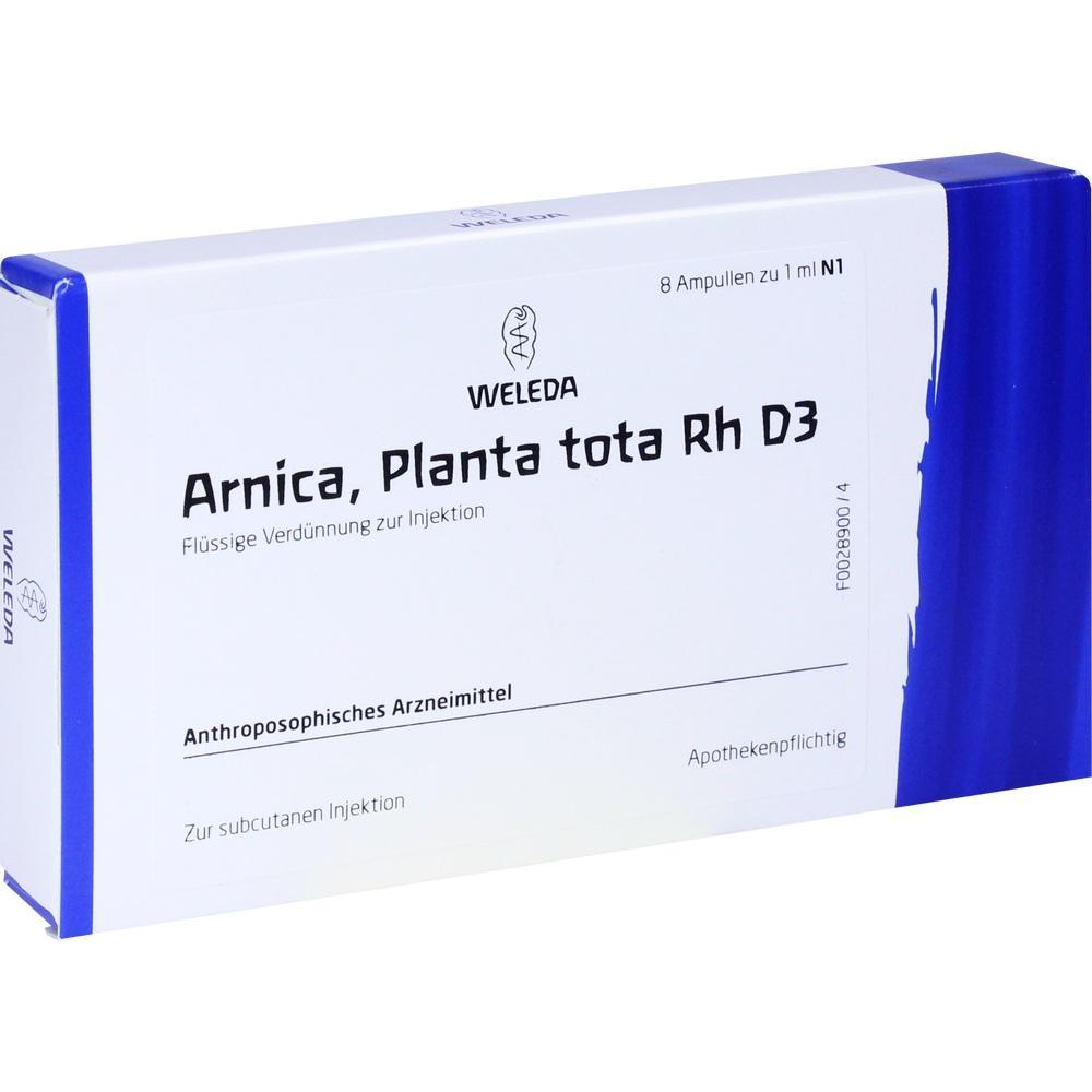 Weiße Medikamentenschachtel mit blauer Kante, beschriftet mit "Arnica, Planta tota Rh D3".