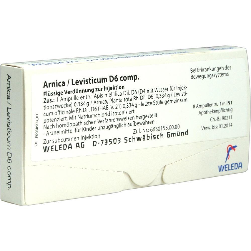 Eine Arzneimittelverpackung für Arnica/Levisticum D6 zur Injektion von Weleda.
