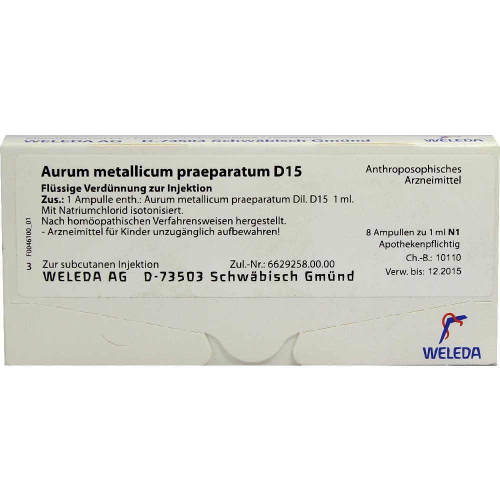 Packung mit homöopathischem Injektionsmittel "Aurum metallicum praep." von Weleda.