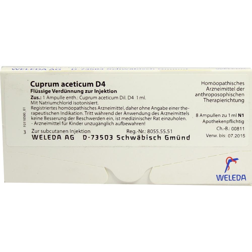 Packung mit homöopathischem Mittel "Cuprum aceticum D4" zur Injektion von Weleda.
