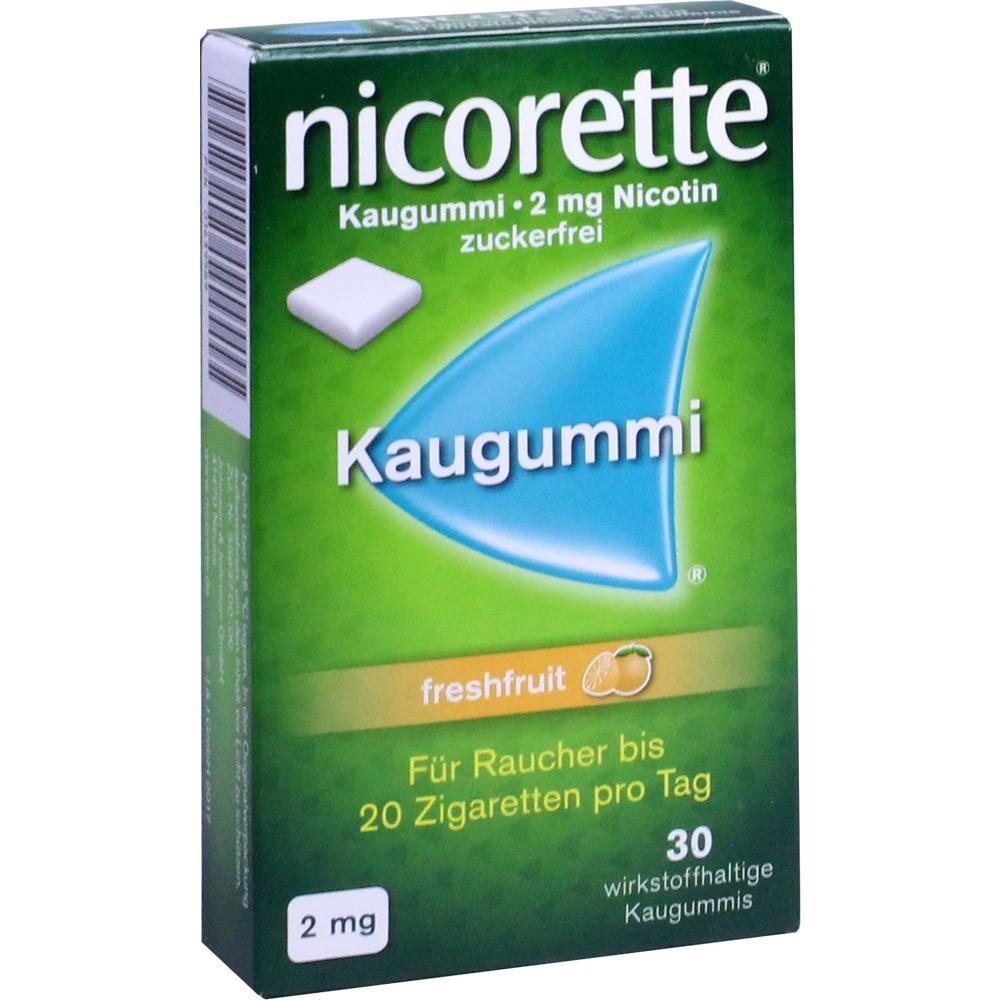 Grüne Packung Nicorette-Kaugummi mit 2 mg Nikotin, zuckerfrei, freshfruit-Geschmack.