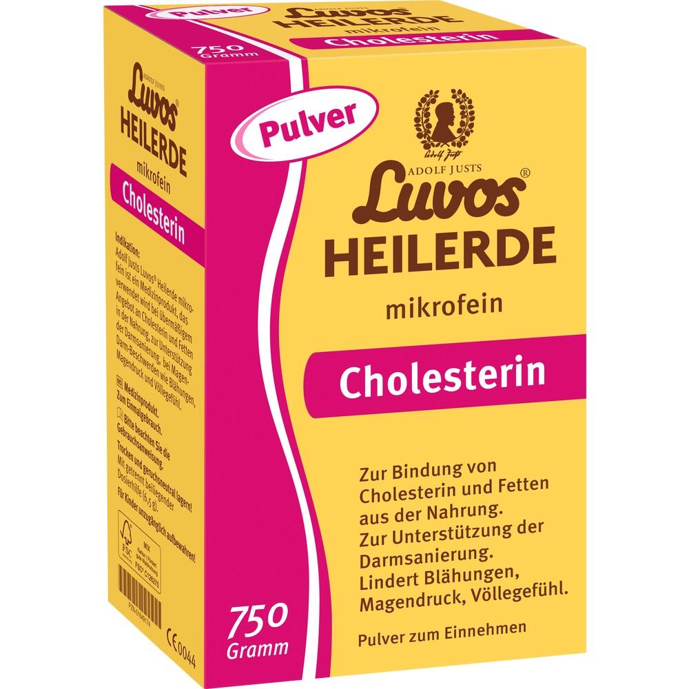 Gelbe Verpackung von Luvos Heilerde Pulver zur Unterstützung der Verdauung und Cholesterinbindung.