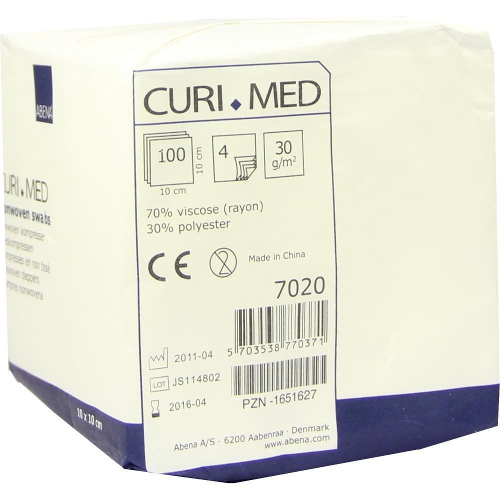 Eine Verpackung von CURI-MED mit Vliesstoffkompressen aus Viskose und Polyester.