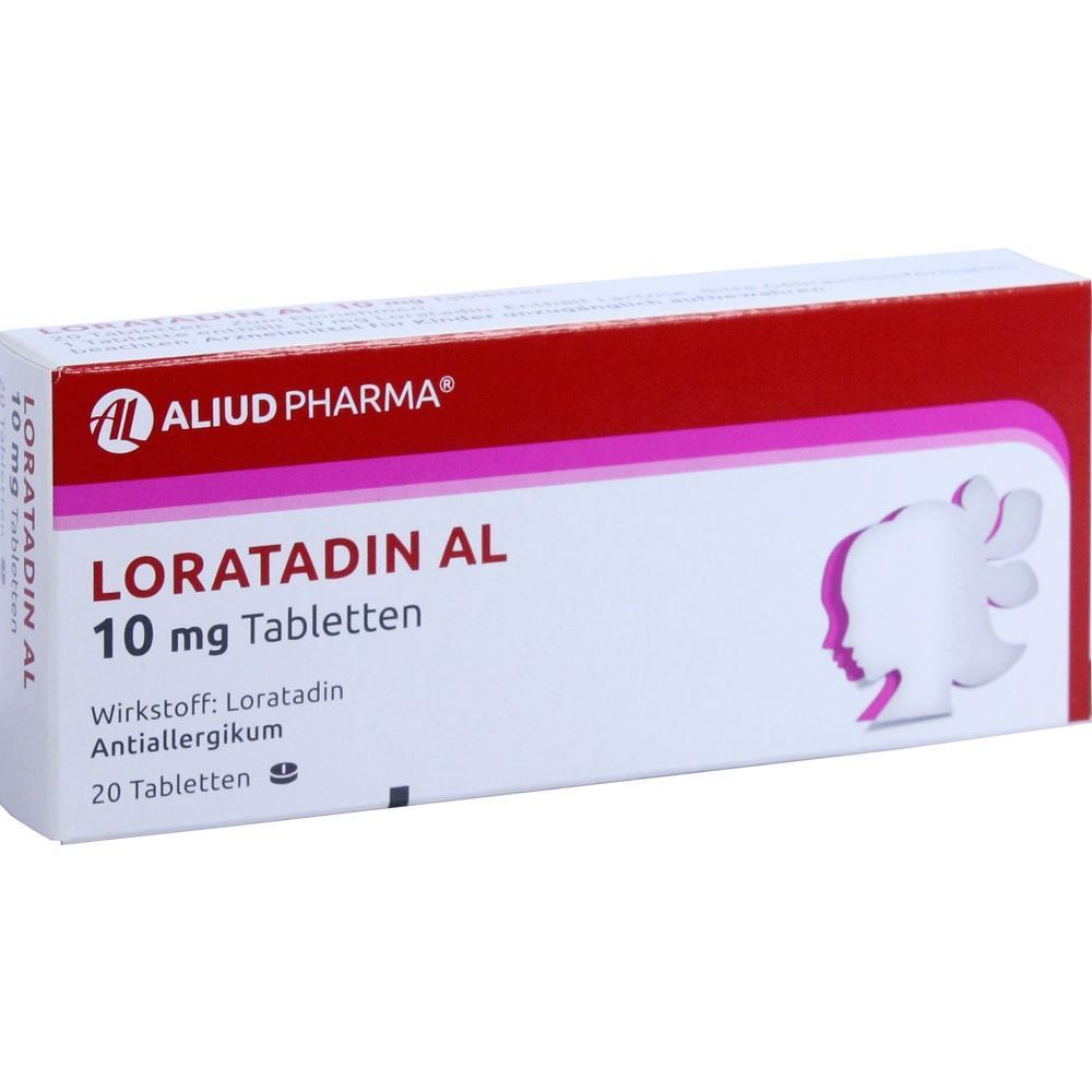 Rote und wei&szlig;e Medikamentenpackung mit der Aufschrift "Loratadin AL 10 mg Tabletten".
