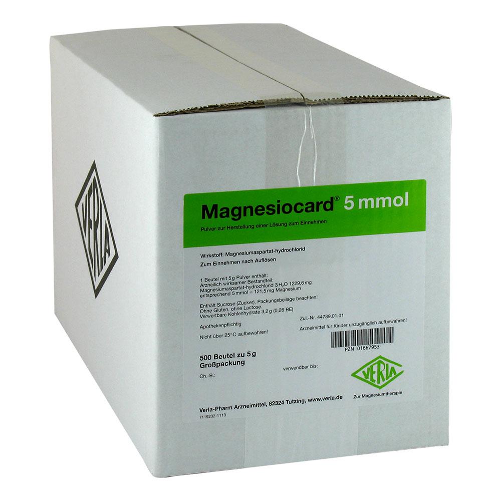 Wei&szlig;e Box mit dem Produkt Magnesiocard 5 mmol auf einem gr&uuml;nen Etikett.