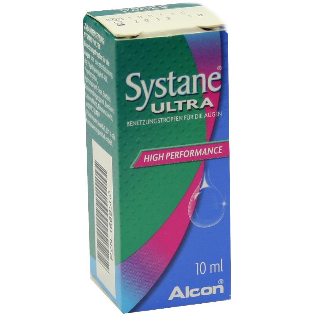 Eine grüne Schachtel mit 10 ml Augentropfen namens Systane Ultra.