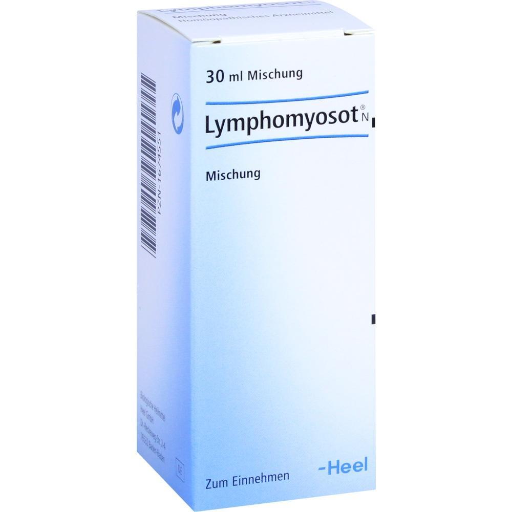 Eine weiße Medikamentenverpackung mit der Aufschrift "Lymphomyosot N".