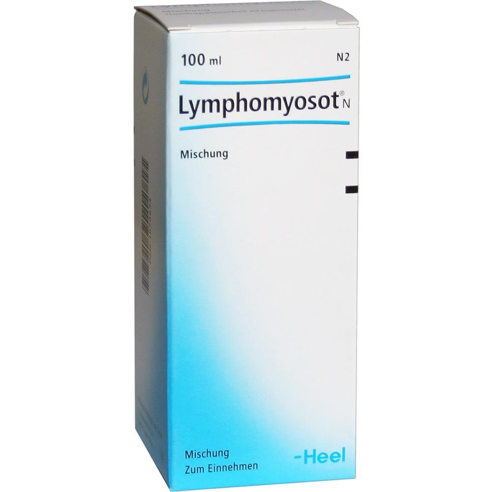 Eine weiße Schachtel mit der Aufschrift "Lymphomyosot N" steht aufrecht.