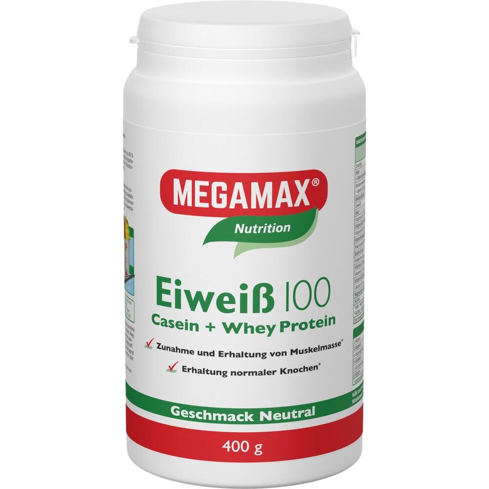Weiße Dose mit der Aufschrift "MEGAMAX Eiweiß 100, Casein + Whey Protein, 400 g".