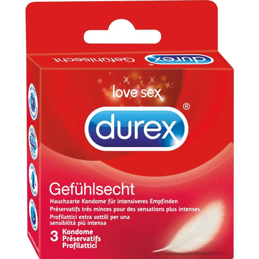 Rote Verpackung mit Durex-Kondomen für intensiveres Empfinden.