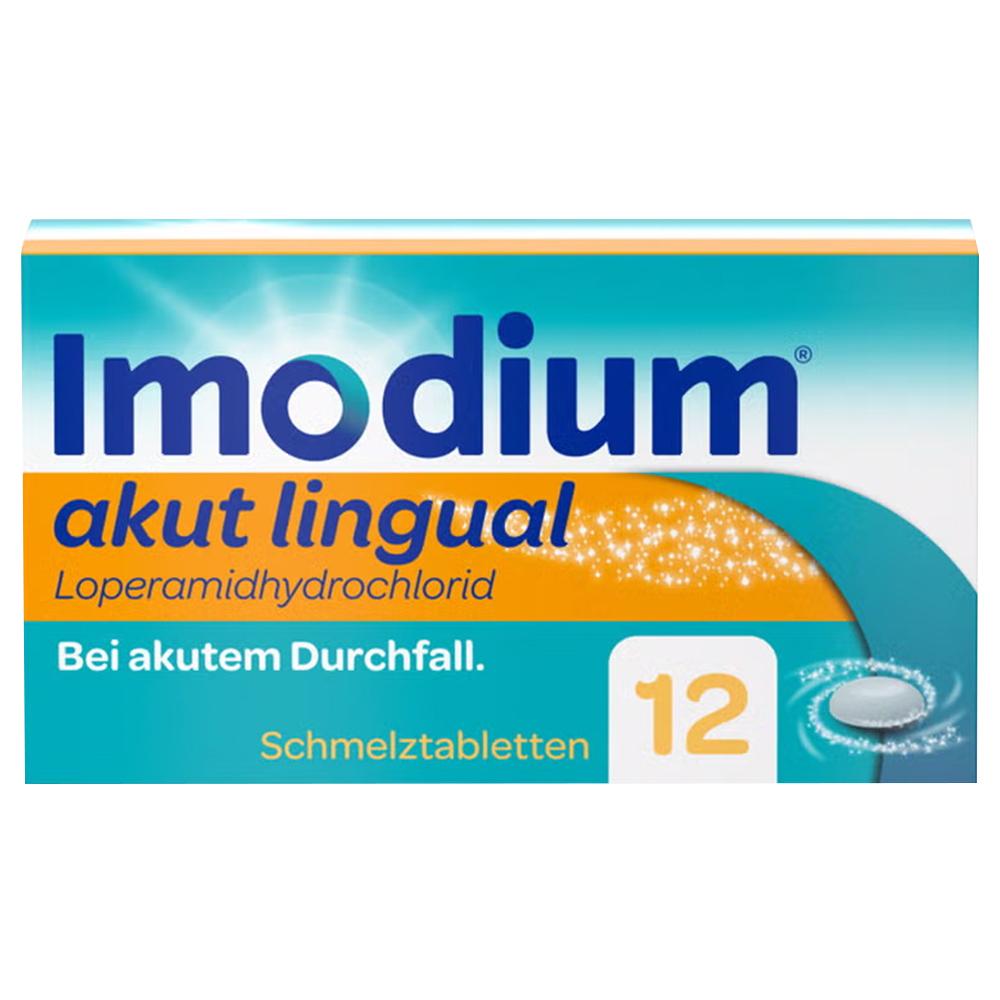 Packung von Imodium akut lingual gegen Durchfall, mit 12 Schmelztabletten.