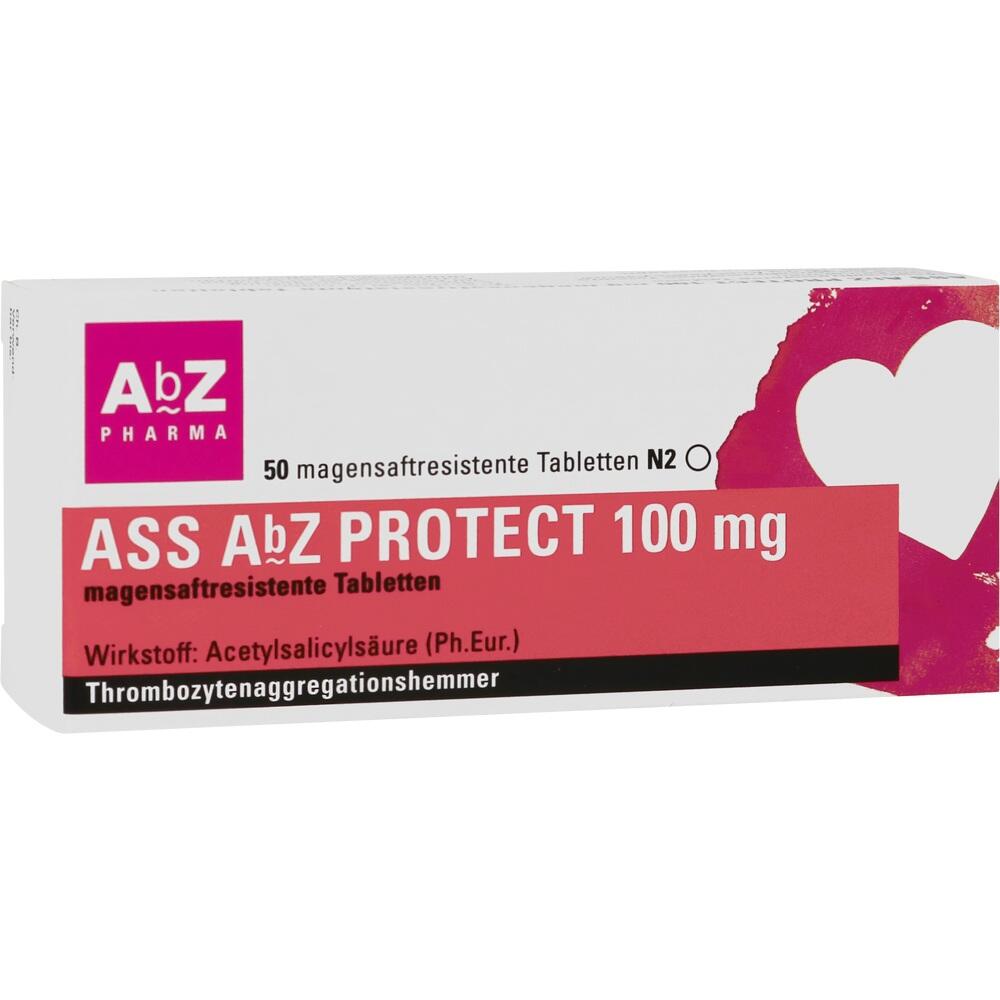 Weiße Medikamentenschachtel mit "ASS AbZ Protect" und 100 mg Acetylsalicylsäure-Tabletten.