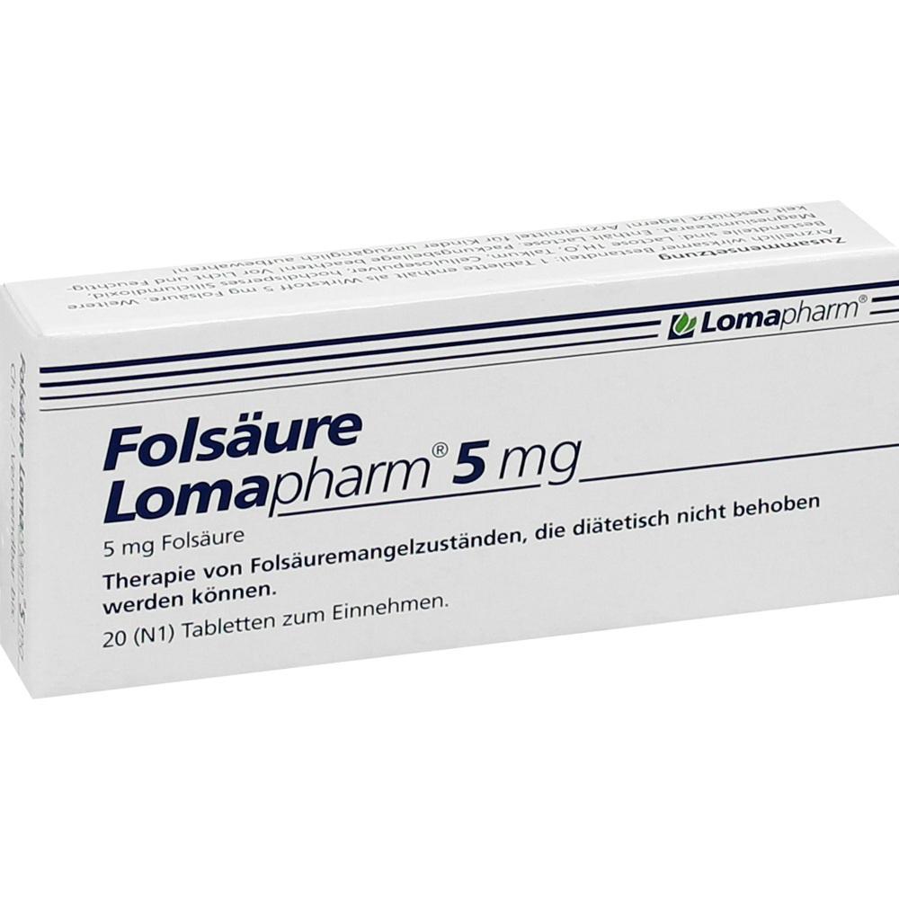 Eine Medikamentenpackung mit der Aufschrift "Folsäure Lomapharm 5 mg".