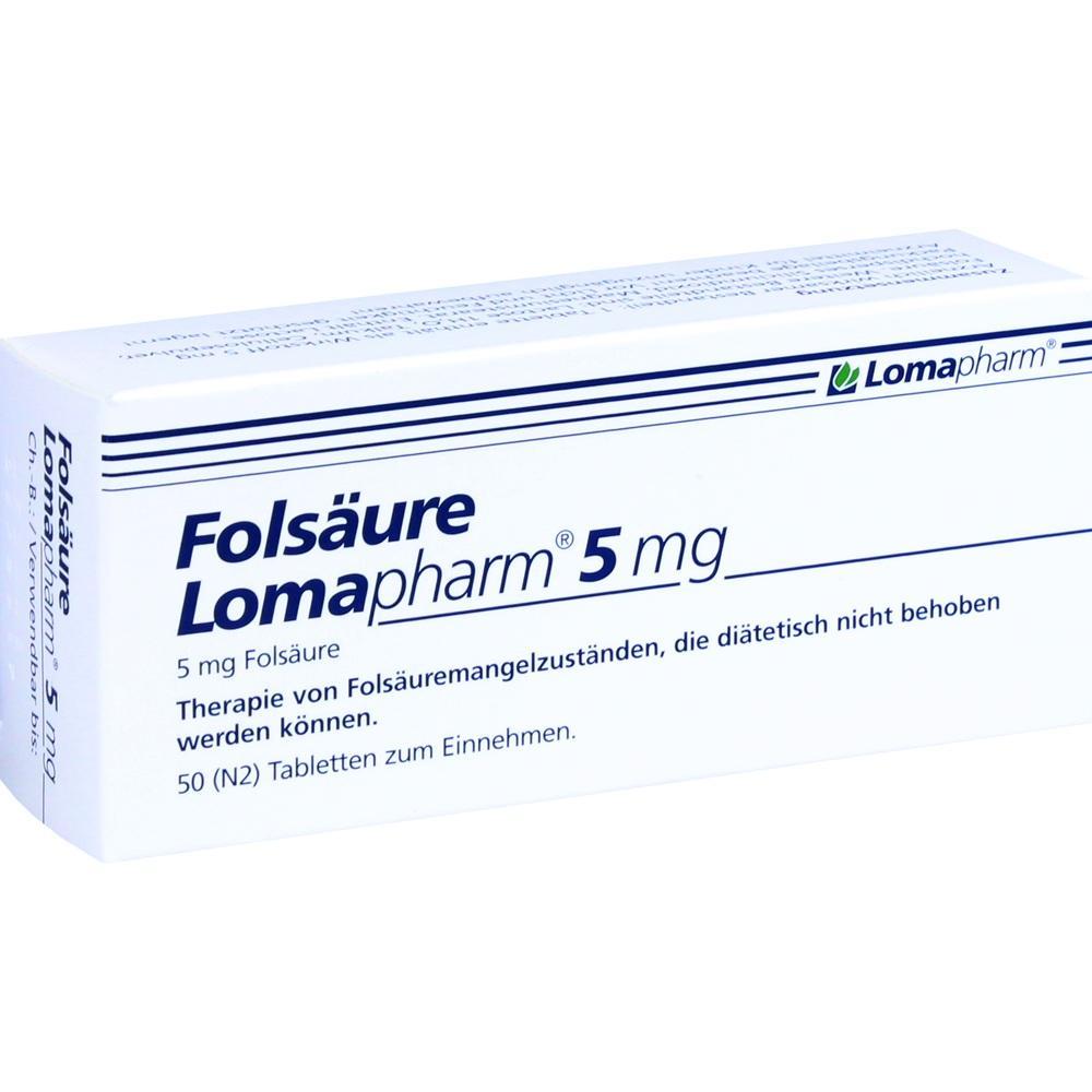Eine Verpackung mit Folsäure-Tabletten von Lomapharm, 5 mg Dosierung.