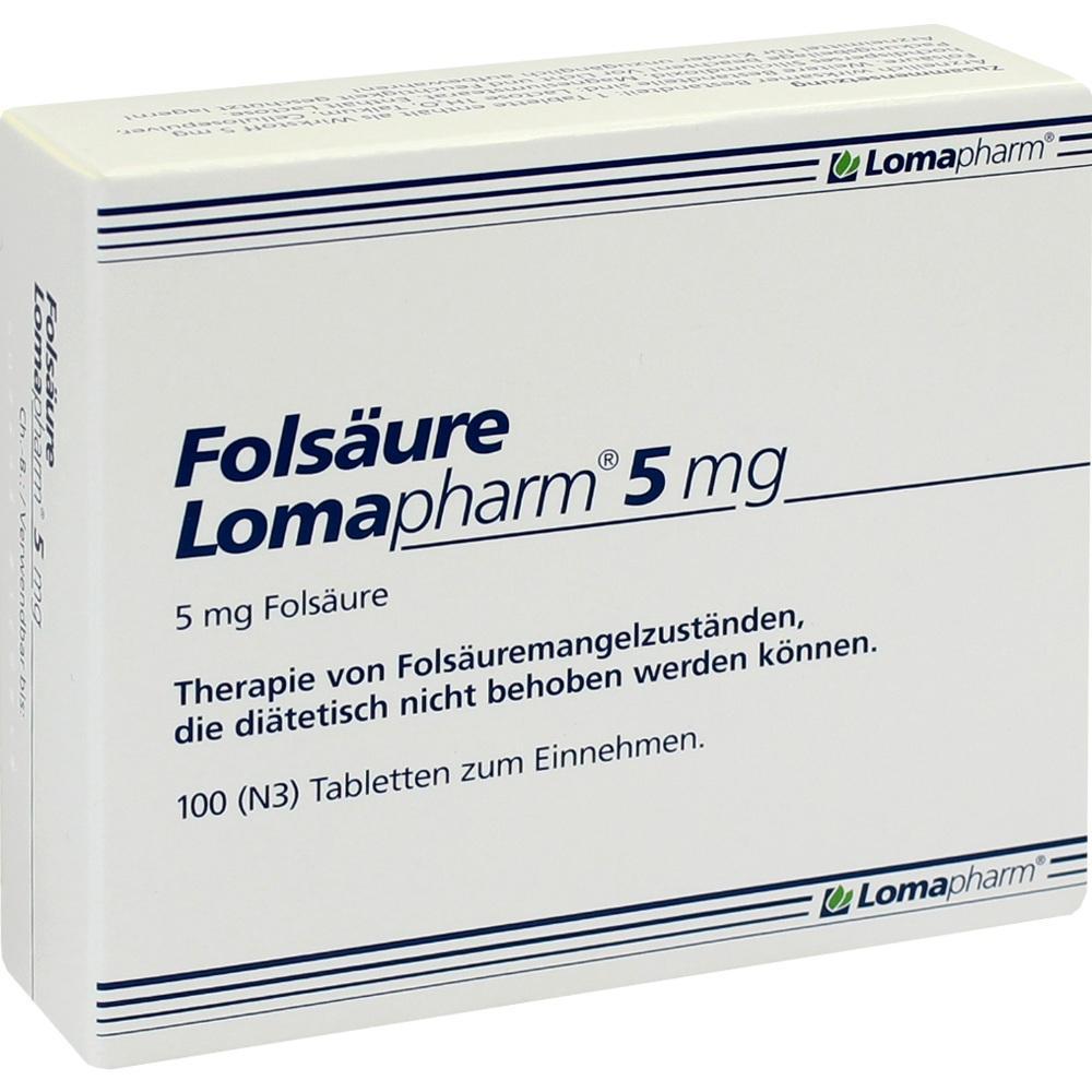 Verpackung von Folsäure-Tabletten mit 5 mg Dosierung von Lomapharm.