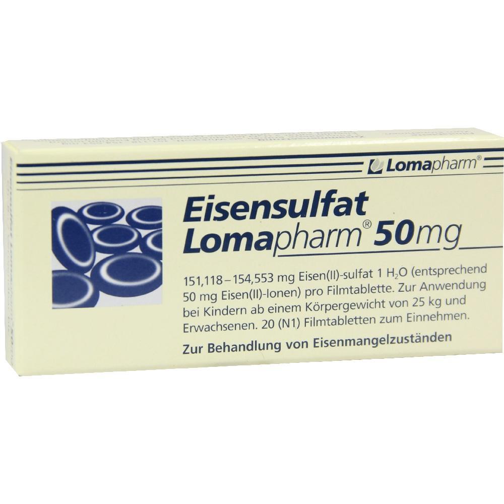 Eine Packung Eisensulfat Lomapharm 50 mg Tabletten zur Behandlung von Eisenmangel.