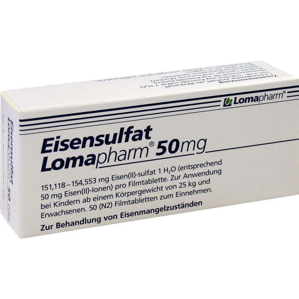 Verpackung einer Eisenpräparat-Tablette mit 50 mg zur Behandlung von Eisenmangel.