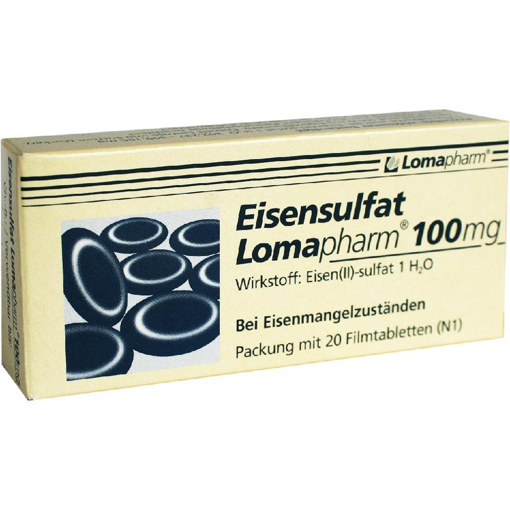 Schachtel mit 20 Tabletten gegen Eisenmangel namens "Eisensulfat Lomapharm".