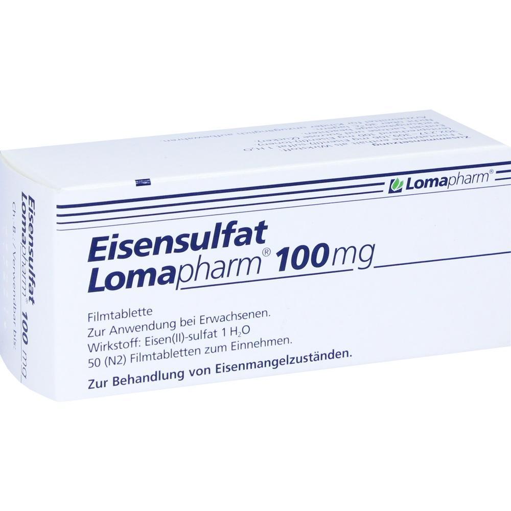 Eine Packung Eisenpräparate mit der Aufschrift "Eisensulfat Lomapharm 100 mg".