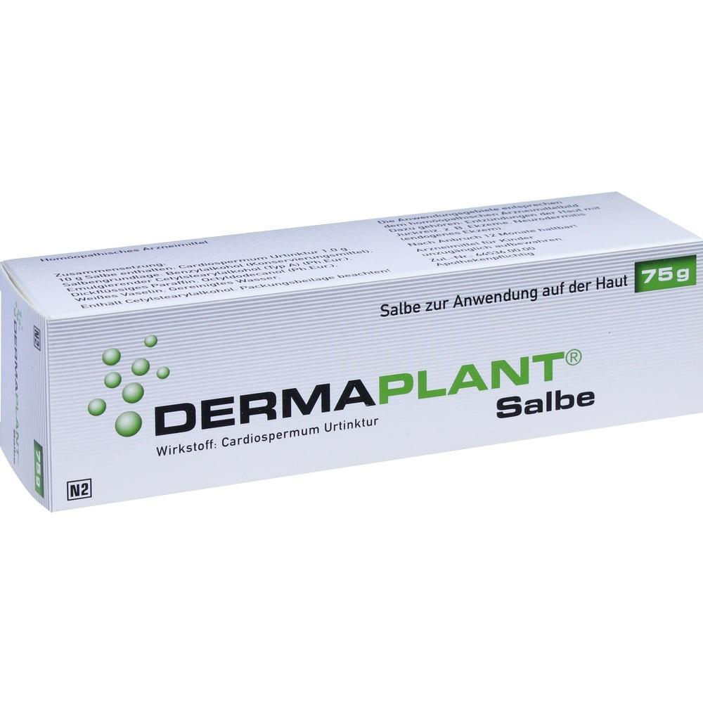 Eine weiße Box mit der Aufschrift "Dermaplant Salbe" und "75g".