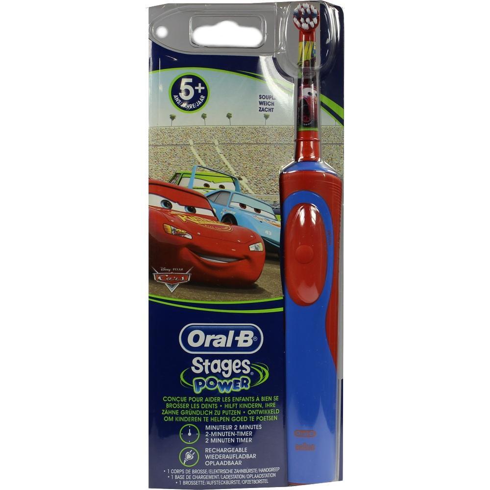 Bunte Kinderzahnbürste in Verpackung mit Autos von "Cars" und blau-rotem Griff.