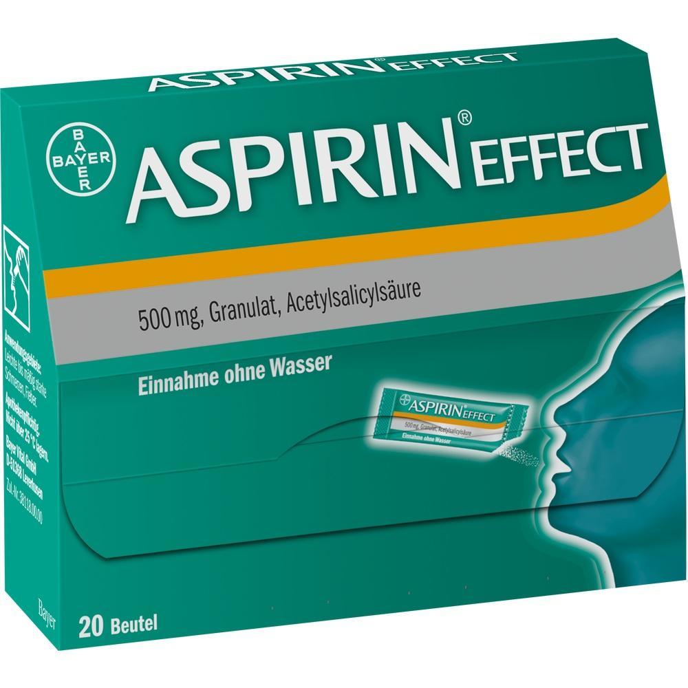 Eine grüne Packung Aspirin Effect Granulat zur Einnahme ohne Wasser.