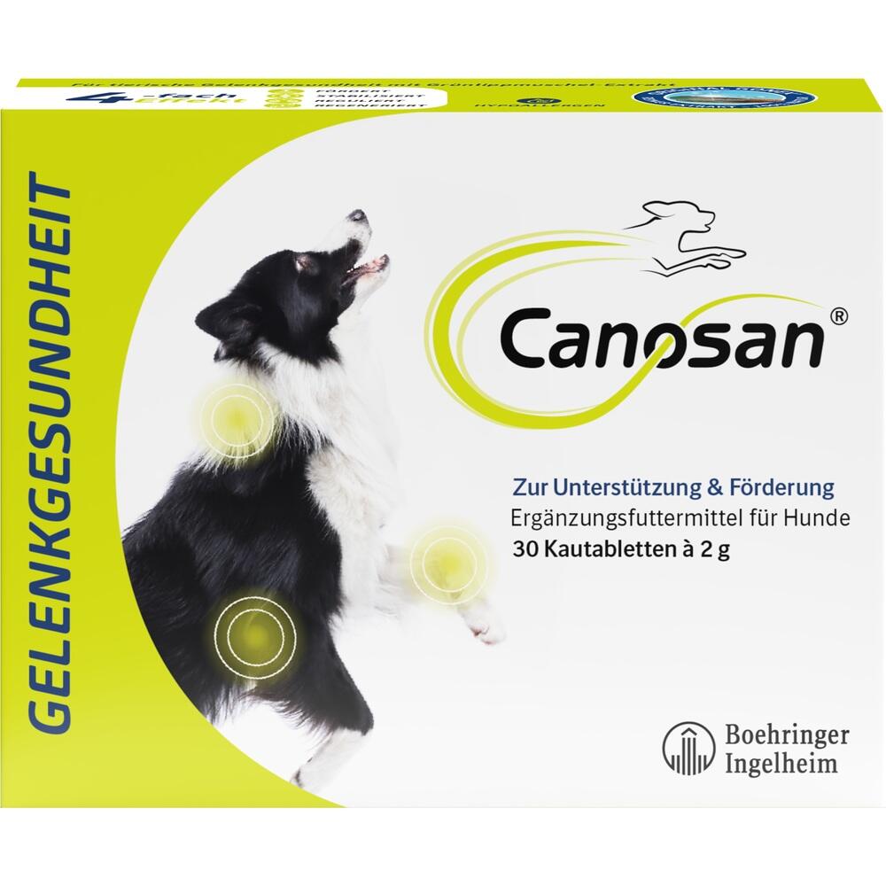Ein Hund auf einer Verpackung f&uuml;r Gelenkgesundheits-Kautabletten.