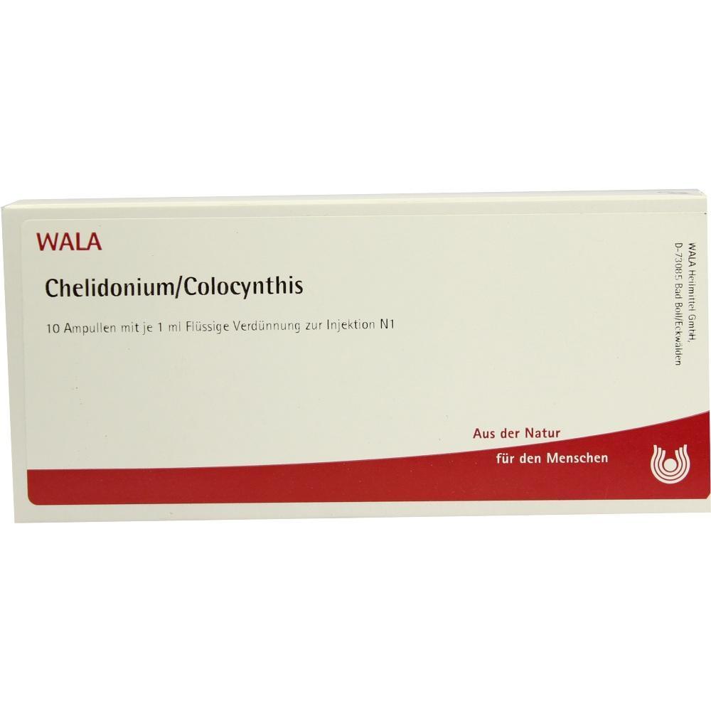 Verpackung mit 10 Ampullen zur Injektion, namens Chelidonium/Colocynthis.