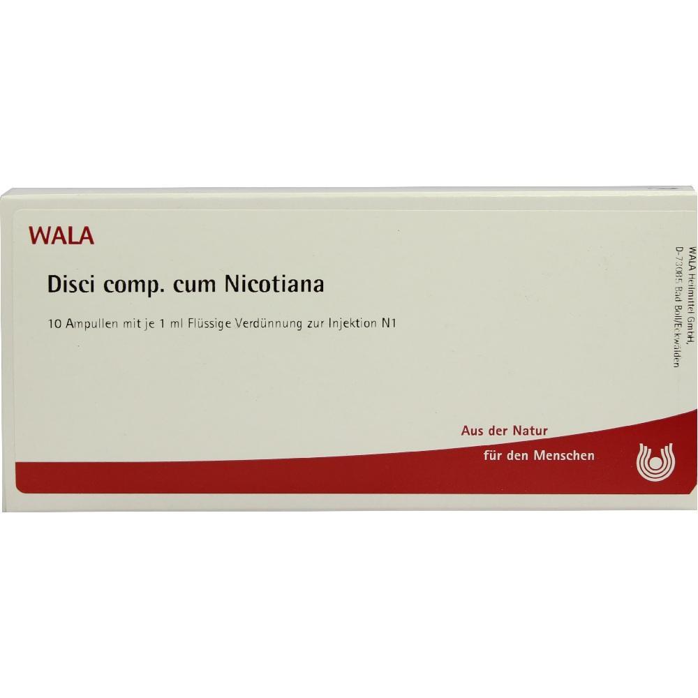Verpackung mit Ampullen für Injektionen, Produktname "Disci comp. cum Nicotiana".